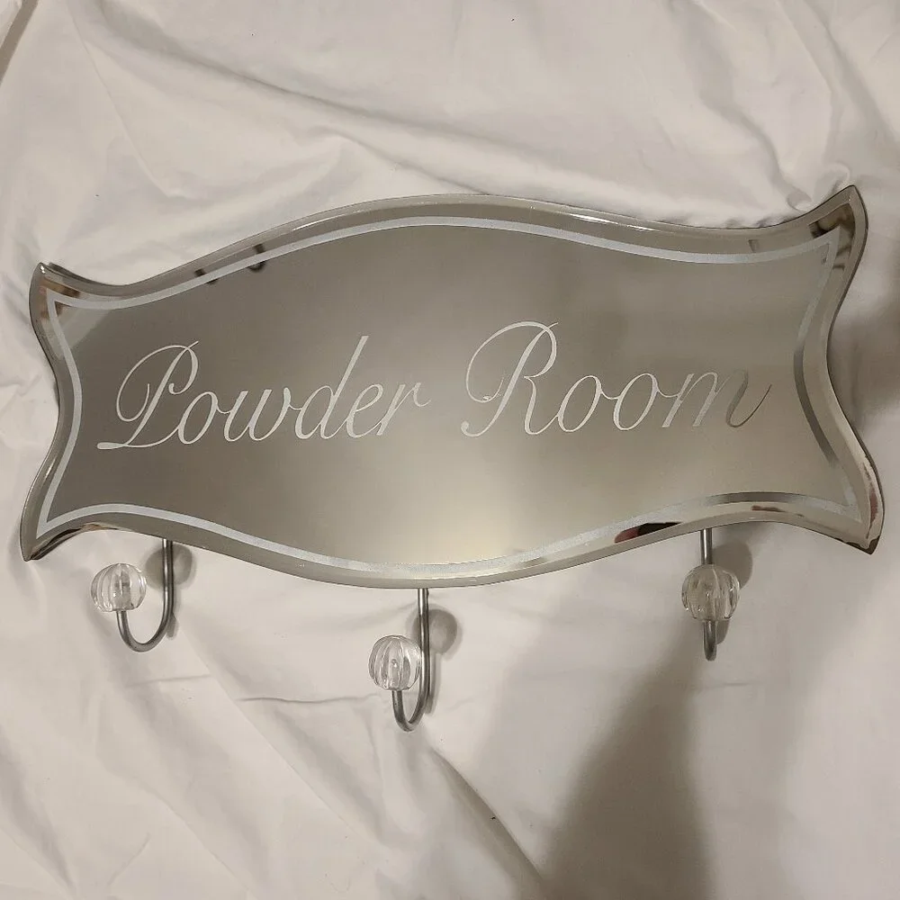 Mirrored Etched Beveled Glass with 3 Hooks Wall Mounted Hanger Powder Room